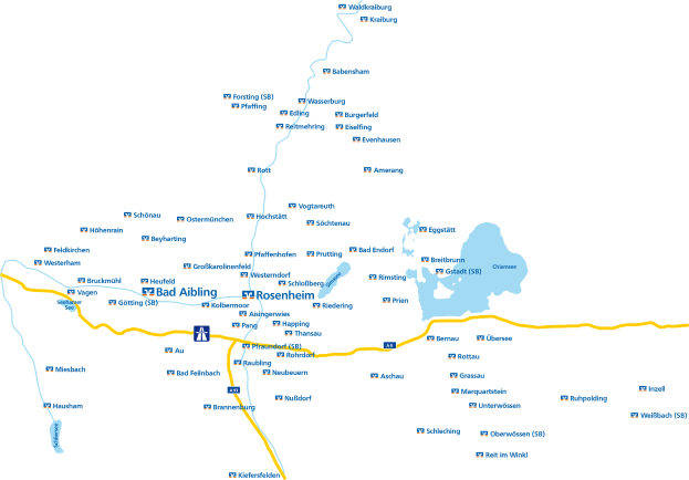 Eine Karte von Bad Aibling, Deutschland, die eine Route mit markierten und beschriebenen Punkten zeigt.