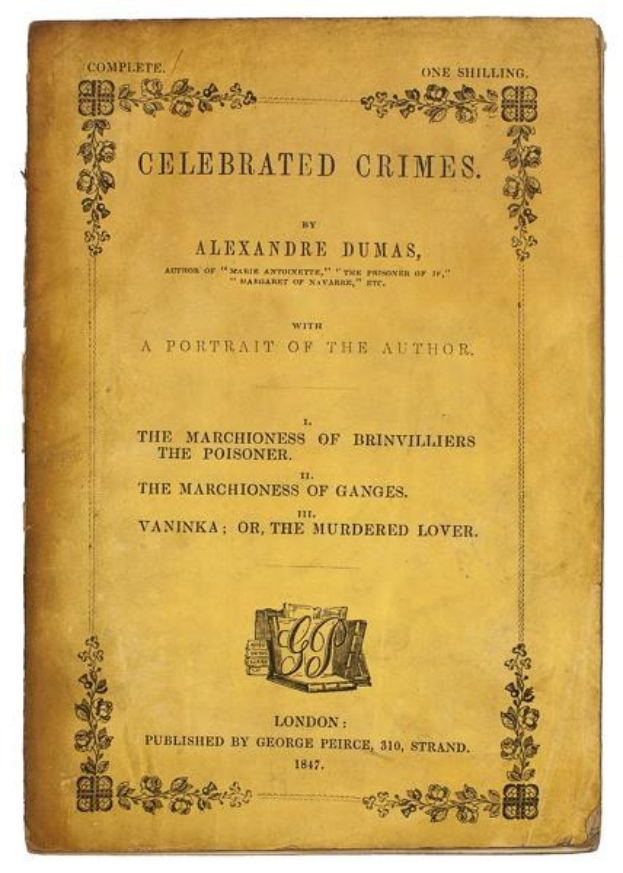 Ein altes Buch mit dem Titel "Berühmte Verbrechen" von Alexandre Dumas mit einem Porträt des Autors und verzierten Designs auf dem Cover.