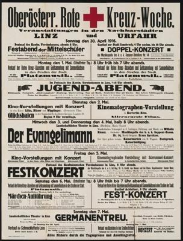 Deutsches Rotes Kreuz-Werbungsposter vom 30. April 1916 mit Text und Pluszeichen.