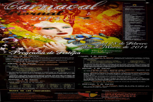 Eine Frau in einem bunten Kleid, die lächelt, umgeben von der Schrift "Karnevalsfest 2014" in fetter schwarzer Schrift auf einem leuchtend gelben Hintergrund.