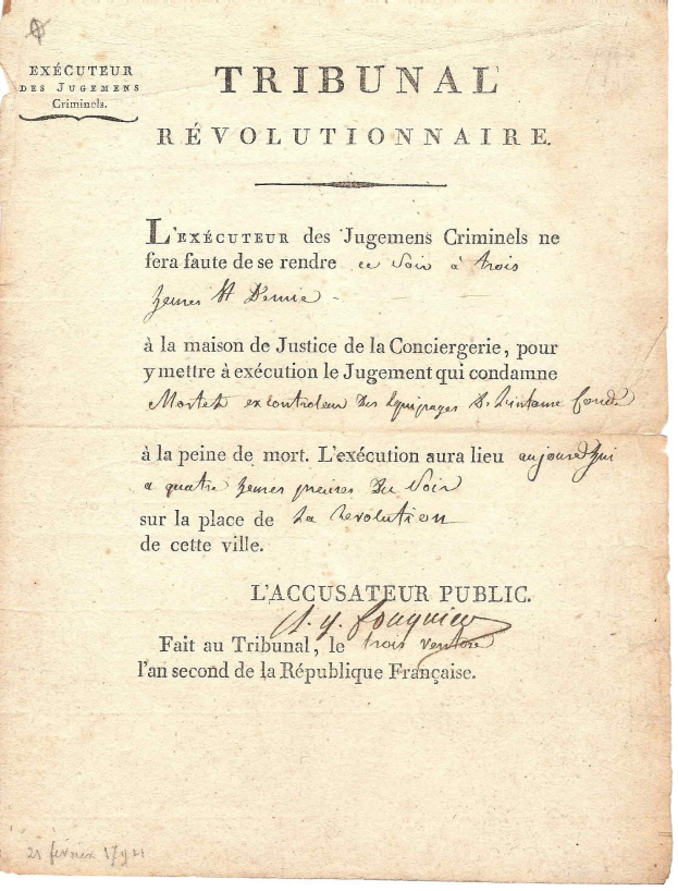Altes französisches Rechtsdokument mit dem Titel 'Tribunal Révolutionnaire', das Hinrichtungsurteile enthält, mit vergilbtem Papier und kursiver Schrift.