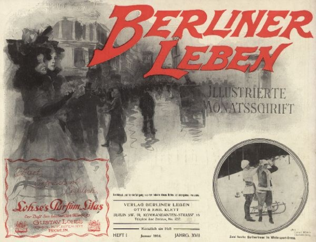 Altes Buch mit dem Titel 'Berliner Leben' mit einem Foto von Menschen in traditioneller deutscher Tracht auf dem Cover und Text, der seinen Inhalt beschreibt.
