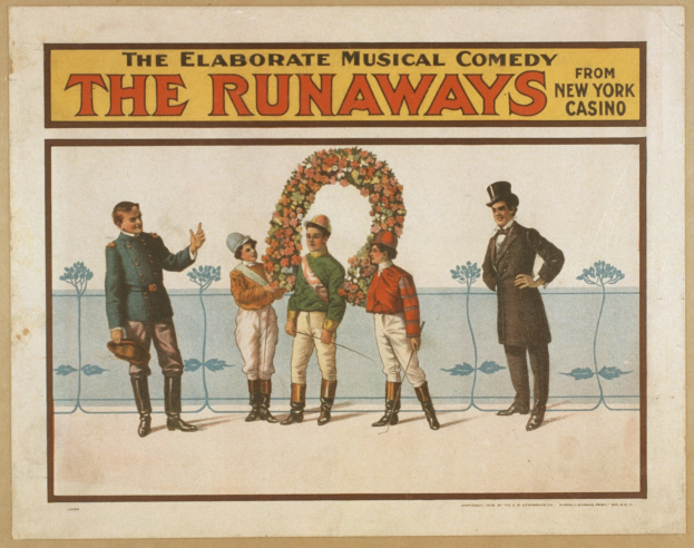 Plakat für "Elaborate Musical Comedy Runaways" aus dem New Yorker Casino, das eine Gruppe von Darstellern in einer Reihe zeigt, wobei einer einen Blumenstrauß hält und Werbetext.