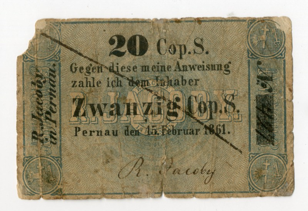 Alte deutsche 20-Mark-Banknote von 1861 mit gedrucktem Text und Zahlen auf weißem Papier.