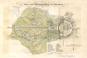 Alte Karte von München, Deutschland, die das Layout eines Parks mit handschriftlichen Textanmerkungen zeigt.