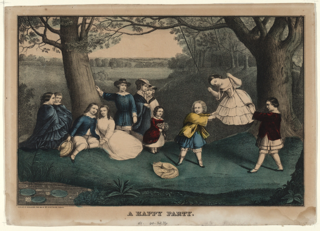 Eine Gruppe von Kindern, die im Park spielt, einige sitzen auf dem Boden und andere stehen, mit Bäumen und Gras im Hintergrund und dem Text "Eine fröhliche Party" unten.