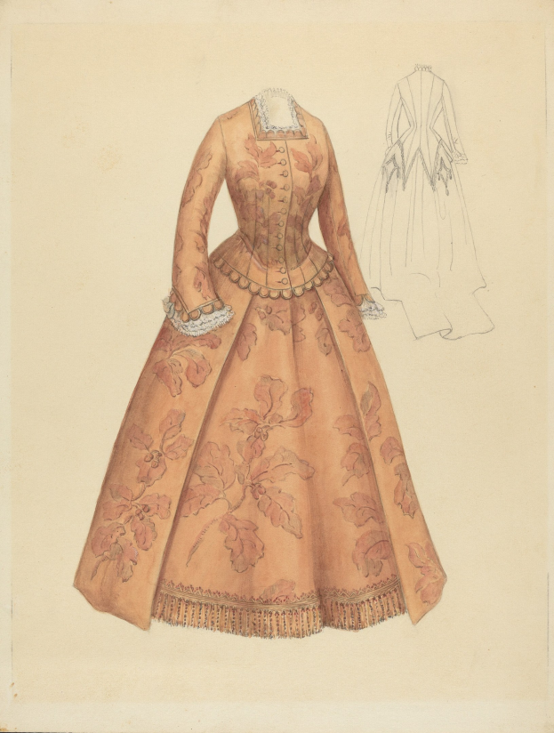 Eine Zeichnung eines 18. Jahrhundert-Kostümdesigns mit einem langen Kleid mit hohem Kragen, floral gemustertem Oberteil in Rosa, Lila und Blau und einem Spitzenbesatz an Rock und Hintergrund.