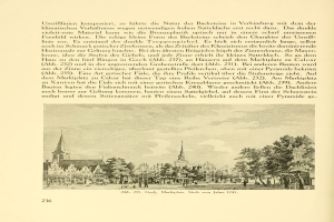 Offenes Buch mit einer Stadtansicht-Illustration mit Gebäuden, Bäumen und Menschen sowie begleitendem Text.