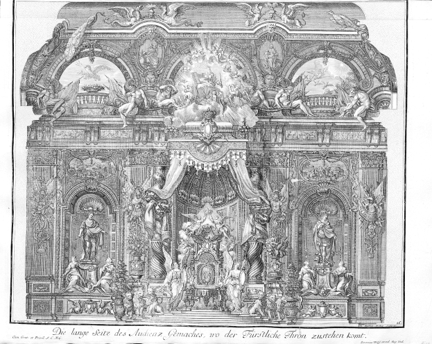 Schwarzes und weißes Zeichnung eines prunkvollen Altars mit detaillierten Schnitzereien und Skulpturen, das eine majestätische und königliche Gestaltung aufweist.
