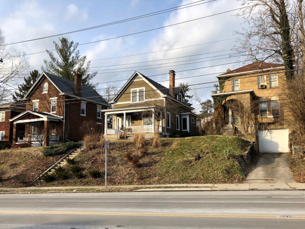 Eine Reihe von Häusern mit verschiedenen architektonischen Merkmalen und Grünanlagen unter einem bewölkten Himmel, eines der teuersten Häuser zum Verkauf in Detroit, Michigan.