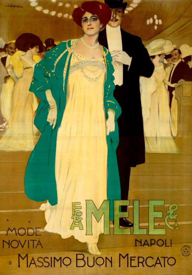 Ein Plakat bewirbt eine Fashion Show, auf dem eine Frau in einem weißen Kleid und ein Mann in einem schwarzen Anzug zu sehen sind.