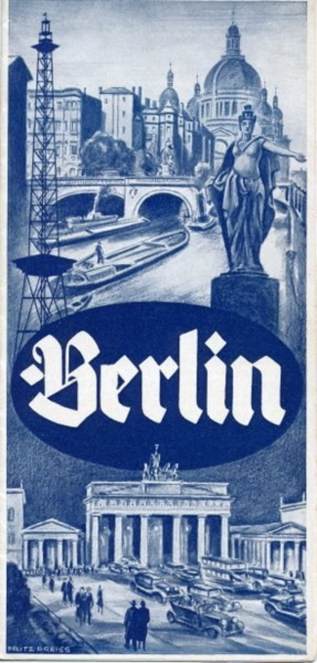 Plakat, das Berlin, Deutschland, mit einer Statue, Gebäuden, einem Turm, Menschen, Fahrzeugen auf der Straße und einer Brücke mit Text zeigt, der Stadtinformationen bereitstellt.