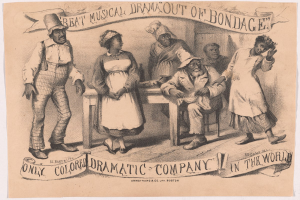 Poster mit einer Zeichnung einer Gruppe von Menschen, die um einen Tisch versammelt sind, mit einer Person, die in der Mitte sitzt, und dem Text "Großes musikalisches Drama aus der Gefangenschaft" unten.