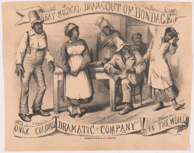 Poster mit einer Zeichnung einer Gruppe von Menschen, die um einen Tisch versammelt sind, mit einer Person, die in der Mitte sitzt, und dem Text "Großes musikalisches Drama aus der Gefangenschaft" unten.