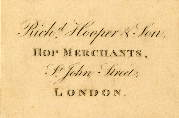 Alte Visitenkarte für 'Rich, Hooper & Son, Hop Merchants' auf St John Street, London.
