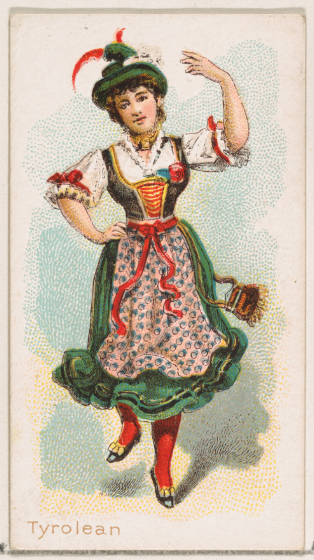 Eine Frau in einem hellblauen traditionellen deutschen Kleid mit einem weißen Kragen und Schürze, weißen Schuhen und ihrem Haar in einem Dutt, tanzt fröhlich mit ausgestreckten Armen gegen einen hellgelben Hintergrund.