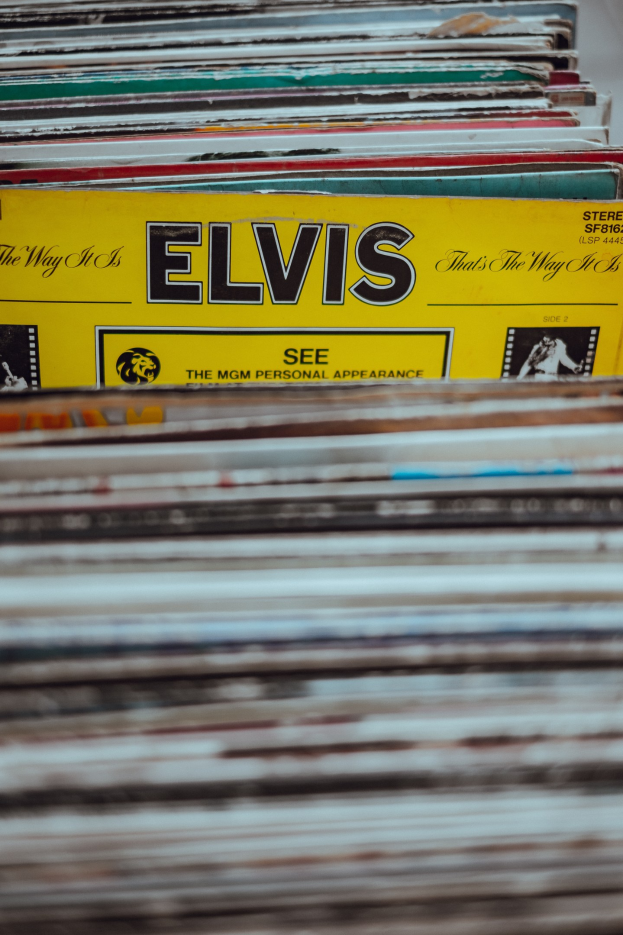 Stapel von Elvis-Presley-Schallplatten auf einem Tisch mit sichtbaren Titeln und leicht unscharfem Hintergrund.