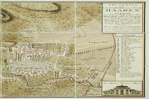 Ein detailliertes altes Stadtplan von Baden-Württemberg, Deutschland, das Straßen, Gebäude und Sehenswürdigkeiten zeigt, mit einem Gebäude in der rechten unteren Ecke und Text, der die Stadtinformationen bereitstellt.