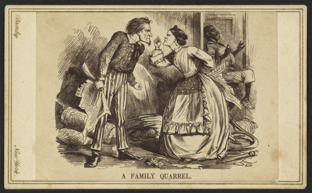 Ein Mann und eine Frau stehen nah beieinander, wobei der Mann ein Objekt hält, während unten ein Text mit 'ein Familienstreit' steht.