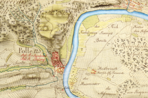 Ein altes Stadtplan von Polle, Deutschland, mit einem Fluss, Straßen, Gebäuden und anderen Gebietsdetails.