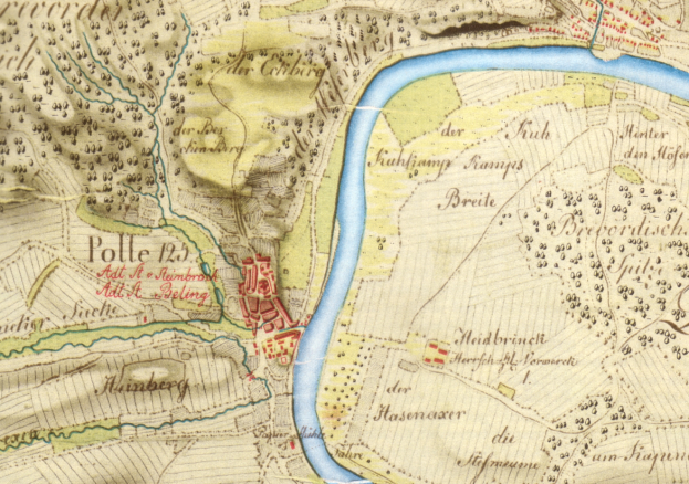 Ein altes Stadtplan von Polle, Deutschland, mit einem Fluss, Straßen, Gebäuden und anderen Gebietsdetails.