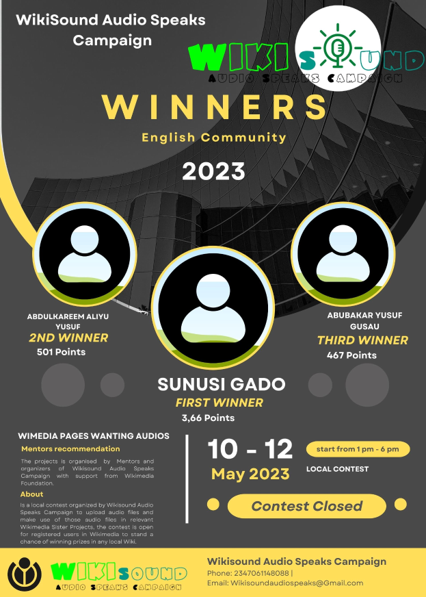 Ein buntes Plakat mit einem blauen Hintergrund und gelb-weißer Schrift, die in fetter Schrift 'Gewinner' lautet, mit lachenden Menschen in der Mitte.