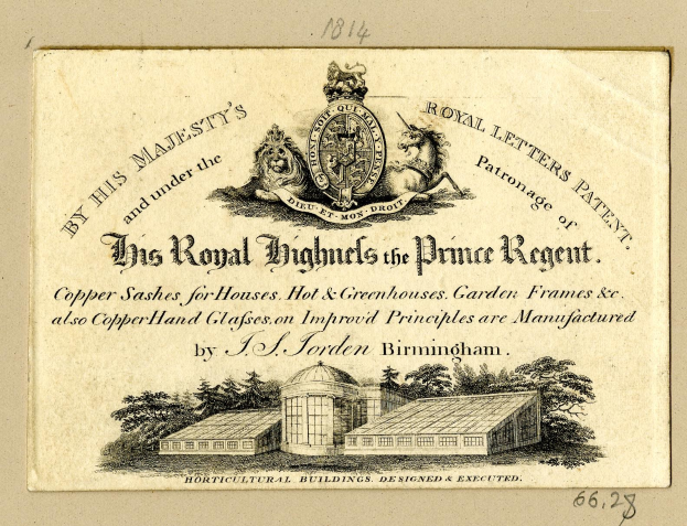 Alte Visitenkarte mit 'The Royal Highmills of the Prince Regent' und einem Bild eines Gebäudes und Bäume.