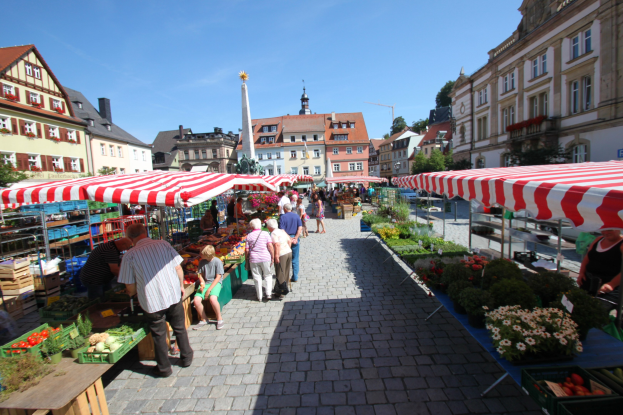 Ein belebter Markt im alten Stadtkern von Heidelberg mit Menschen, die spazieren gehen, auf Bänken sitzen und in der Nähe von Zelten stehen, die Körbe mit Gemüse auf Tischen präsentieren, vor einem Hintergrund von Gebäuden, Bäumen und einem klaren blauen Himmel.