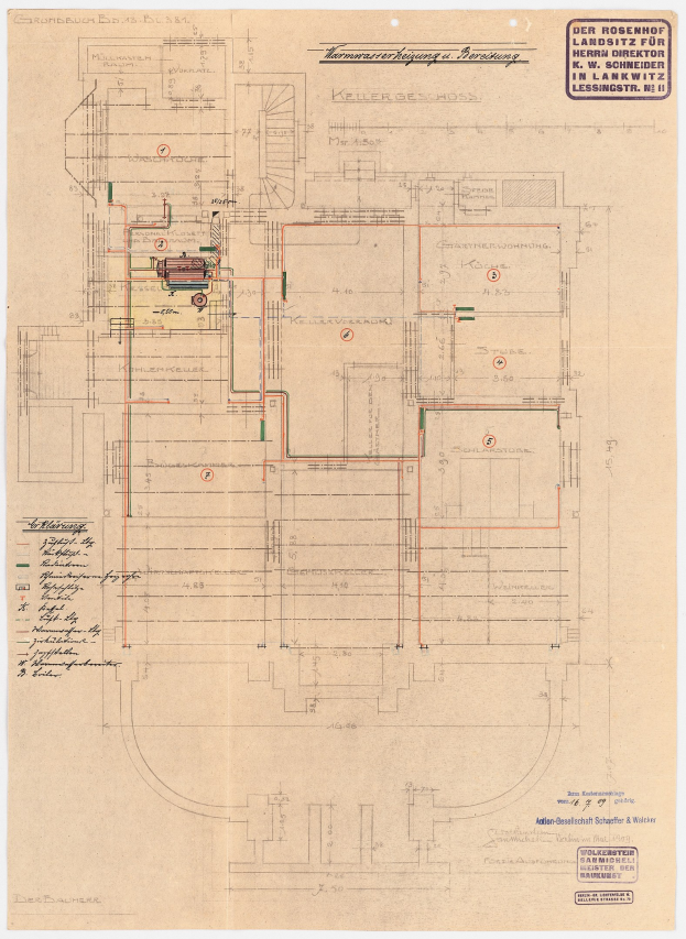 Schwarzes und weißes Architekturdiagramm des Rosenhof-Krankenhauses in Hamburg, Deutschland, das detaillierte Layout mit zahlreichen Drähten, Räumen, Fluren und Textanmerkungen zeigt.