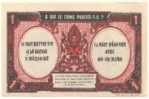 Alte französische Banknote mit ernst dreinschauendem Mann im Anzug und Text "A qui le crime profite-il?" auf weißem Hintergrund mit schwarzem Rand.