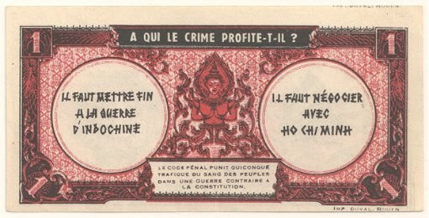 Alte französische Banknote mit ernst dreinschauendem Mann im Anzug und Text "A qui le crime profite-il?" auf weißem Hintergrund mit schwarzem Rand.