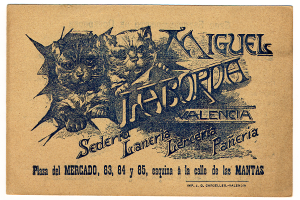 Eine alte Visitenkarte mit einem Foto von zwei Katzen und einem Text, der die Katzen beschreibt.