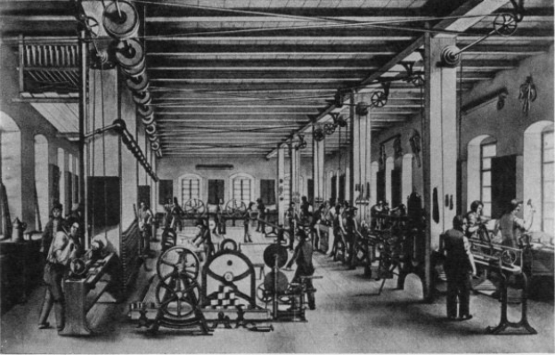 Schwarz-weiß-Zeichnung eines Fabrikinneren mit Arbeitern an Maschinen, tragenden Säulen, Fenstern und einer Decke, mit der Überschrift "Die Geschichte der Textilindustrie" unten.