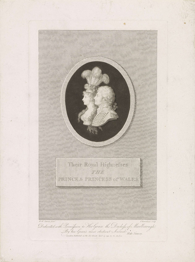 Schwarzes und weißes Bild eines Papiers mit einem Foto des Prinzen und der Prinzessin von Wales neben dem Text.