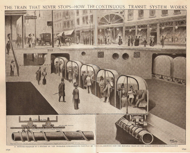 Eine Zeitung mit Bildern von Menschen, Zügen und anderen Gegenständen und dem Text "Der Zug, der nie aufhört - wie das ständige Transportsystem funktioniert".