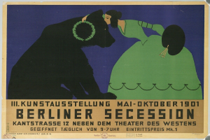 Plakat für die Berliner Secession mit einer Frau in einem grünen Kleid und einem Mann in einem schwarzen Anzug mit Textbeschreibung.