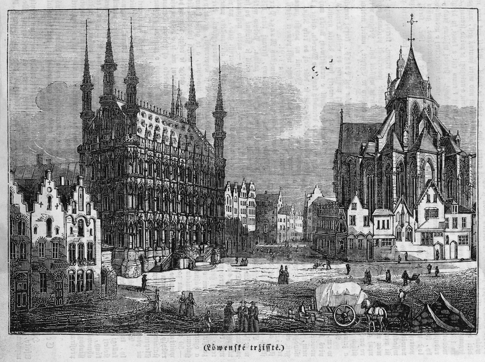 Schwarze und weiße Zeichnung einer belebten Stadtstraße mit einer Kirche im Hintergrund, mit Gebäuden, Menschen, Karren und Text.