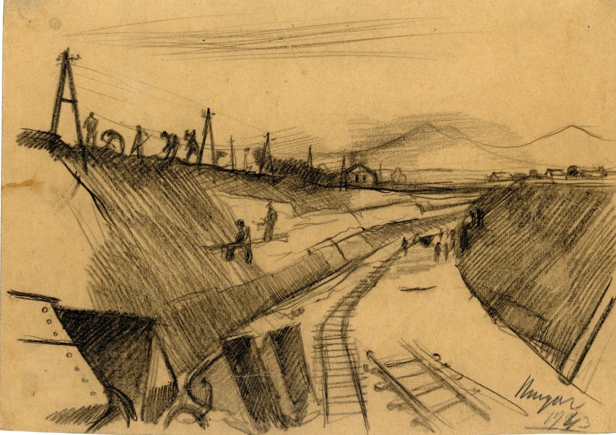 Eine Zeichnung einer Eisenbahnschiene mit Menschen darauf, umgeben von Hügeln, Pfählen, Drähten und anderen Gegenständen, mit dem Text "Egon Schiele - Eisenbahnschienen" unten.