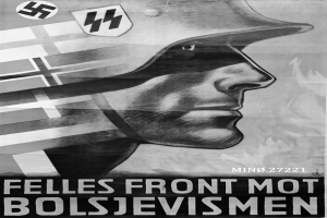 Schwarz-weißes Plakat mit einem Mann in einem Helm mit Nazi-Symbol und Propagandatext