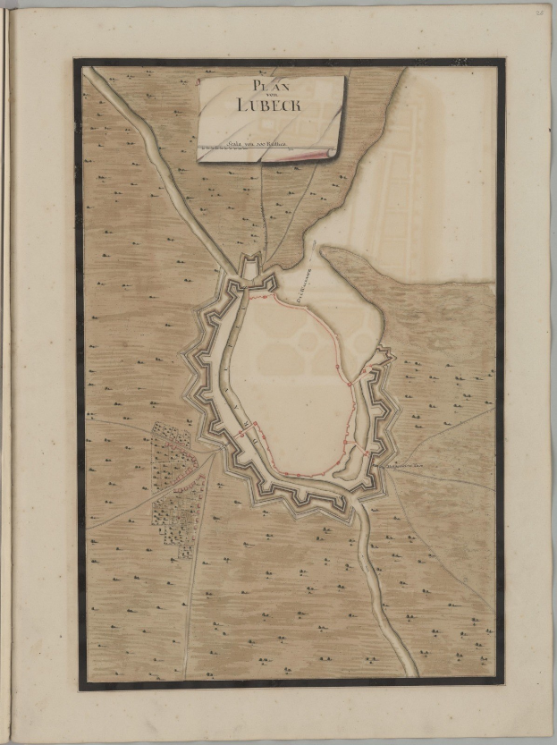 Eine detaillierte historische Karte von Lübeck, Deutschland, die auf dem Cover eines alten Buches dargestellt ist und Straßen, Gebäude und Sehenswürdigkeiten mit begleitendem Text über die Bevölkerung, Geschichte und Kultur der Stadt zeigt.