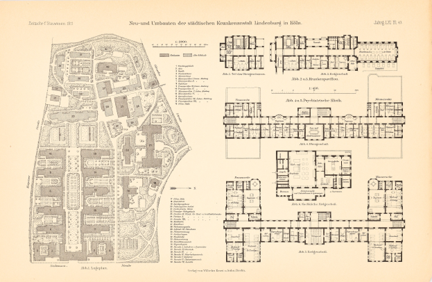 Ausführliche alte Stadtkarte auf Papier mit Straßen, Gebäuden, Parks und Sehenswürdigkeiten mit begleitendem Text.