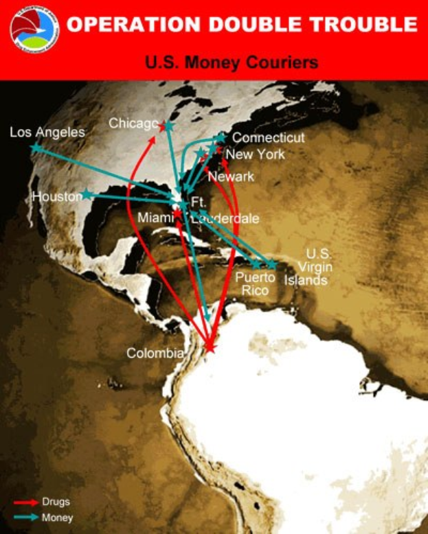 Plakat mit dem Titel "Operation Double Trouble: US-Geldkurier" mit einer Karte der USA, die in zwei Abschnitte unterteilt ist, wobei der eine die Route der US-Geldkurier und der andere die Standorte der Geldtransportunternehmen zeigt, mit fetter schwarzer Schrift in einem weißen Rand.