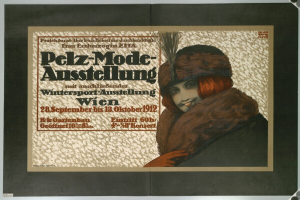 Ein Plakat für ein Wintersport-Event in Wien, Österreich, das eine lachende Frau in einem Pelzmantel und Hut zeigt, mit Event-Informationstext.