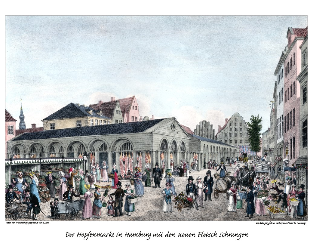 Ein Gemälde einer belebten Stadtstraße mit Menschen, die gehen, einige mit Karren, Gebäuden mit Fenstern im Hintergrund, Bäumen und einem bewölkten Himmel, mit Text unten.