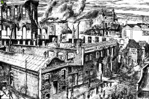 Eine Schwarz-Weiß-Zeichnung einer Stadtstraße während der industriellen Revolution, mit Rauch aus den Gebäuden austretenden und Menschen, die die Straße entlanggehen, und einem Text am unteren Rand, der 'Die Geschichte der industriellen Revolution' lautet.