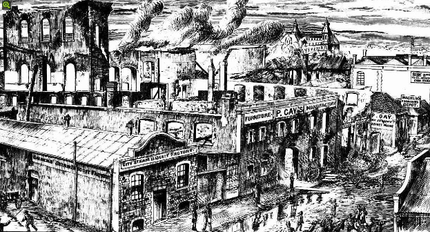 Eine Schwarz-Weiß-Zeichnung einer Stadtstraße während der industriellen Revolution, mit Rauch aus den Gebäuden austretenden und Menschen, die die Straße entlanggehen, und einem Text am unteren Rand, der 'Die Geschichte der industriellen Revolution' lautet.