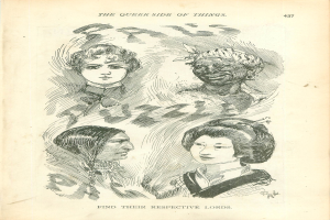 Ein altes Buchcover mit vier Frauenköpfen und der Aufschrift "Die queere Seite der Dinge".