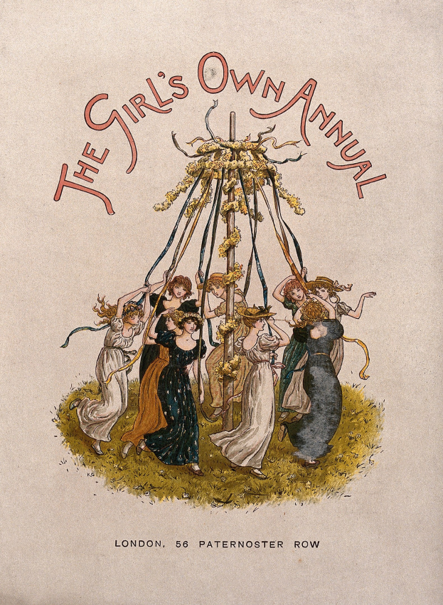 Eine Schwarz-Weiß-Illustration aus dem 'Girl's Own Annual', die Kinder in bunten Kändeln um einen geschmückten Maibaum tanzen zeigt.