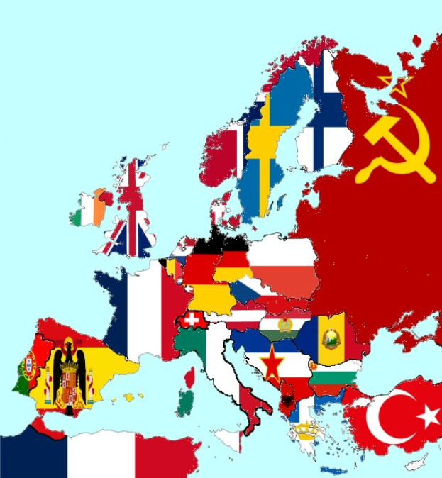 Eine Europakarte mit den Flaggen der Mitgliedstaaten der Europäischen Union, jeweils mit einem einzigartigen Symbol, vor einem blauen Hintergrund.