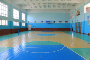 Große Turnhalle mit einem blauen und weißen Basketballfeld, einem Netz an Pfosten, einer Tür, Fenstern, Plakaten an den Wänden, einem Geländer und einem Dach.